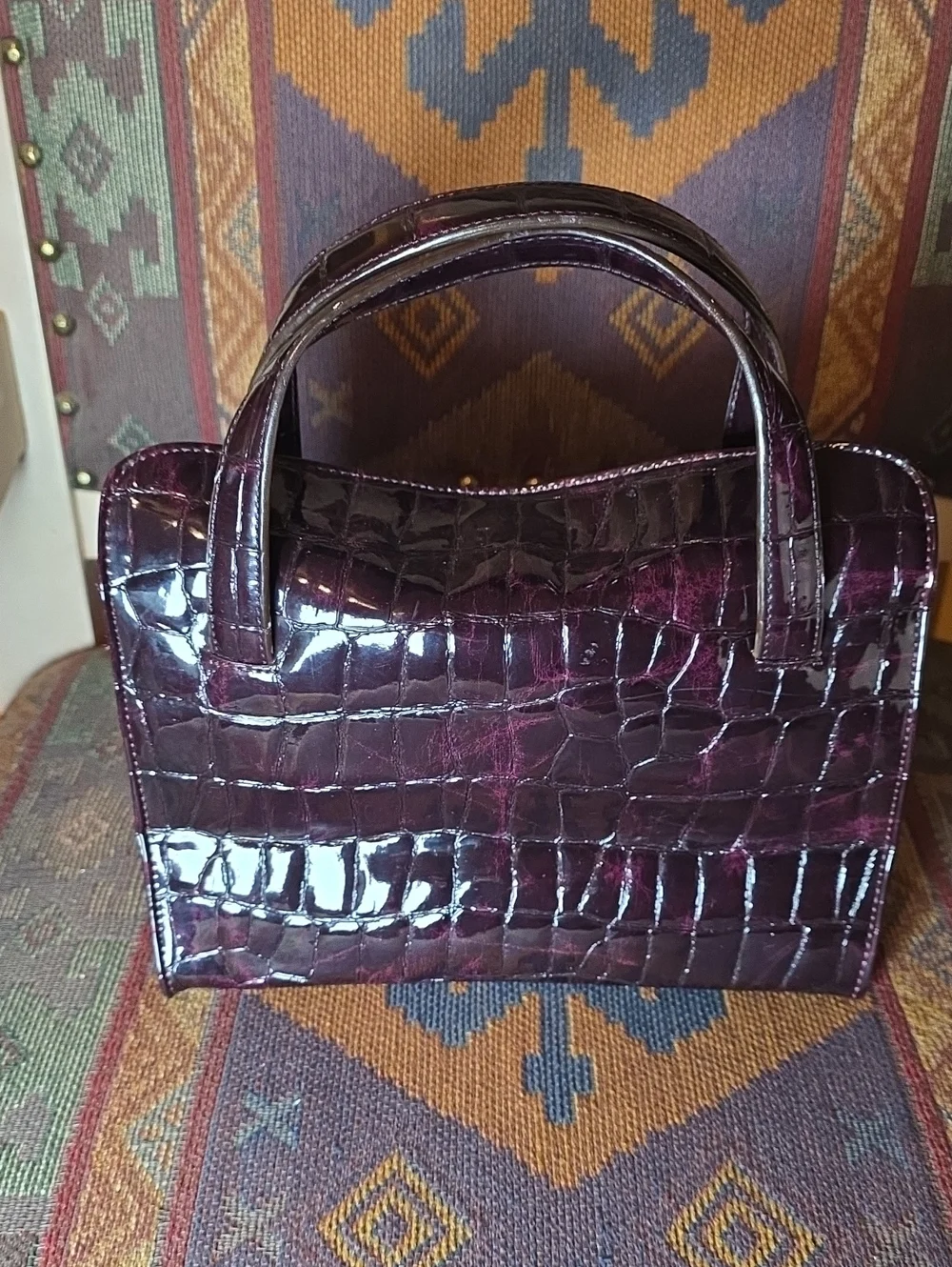 Vintage City DKNY Deep Purple Crocodile Embossed Top Handle Bag Tote EUC